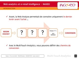 Web analytics et e-retail intelligence - NAXEO
                                     hh
                                                                                                Site internet Naxeo
INTRODUCTION




    Avant, la Web Analyse permettait de connaitre uniquement le dernier
     levier avant l’achat …




                                ?                    ?                    ?
                                                                                Visite n° ? :
 BESOIN
D’ACHAT                                                                            SEO           CONVERSION
                                                                                  MARQUE




    Avec le MultiTouch Analytics, nous pouvons définir des chemins de
     conversion


   Naxeo - 25 rue corneille - 59100 Roubaix – 0320207250 – www.naxeo.fr       Multi-Touch Analytics             5
 