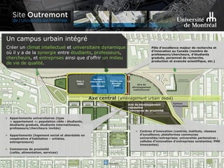 Aire de développement
résidentiel
Commerces de proximité
> Appartements universitaires (type
« appartement »; population cible : étudiants,
étudiants gradués, étudiants internationaux,
professeurs/chercheurs invités)
> Appartements (logement social et abordable en
coopérative d’habitation – artistes,
entrepreneurs)
> Commerces de proximité
(cafés, alimentation, services)
Créer un climat intellectuel et universitaire dynamique
où il y a de la synergie entre étudiants, professeurs,
chercheurs, et entreprises ainsi que d’offrir un milieu
de vie de qualité.
Un campus urbain intégré
Centres
d’innovation
Axe central (aménagement urbain dédié)
Pôle d’excellence majeur de recherche et
d’innovation au Canada (nombre de
professeurs/chercheurs, d’étudiants
gradués, personnel de recherche,
production et avancée scientifique, etc.)
Aire de
développement
institutionnel
> Centres d’innovation (centres, instituts, réseaux
d’excellence; plateformes communes
universités/entreprises; universités partenaires ;
cellules d’innovation d’entreprises existantes; PME
innovantes)
Poly &
INRS
Pavillon des
Sciences
UdeM
Pavillon
enseignement
et
bibliothèque
 