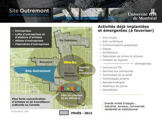 Source RCGT, 2012
> Entreprises
> Lofts d’entreprises et
d’ateliers d’artistes
> Hôtels d’entreprises
> Pépinières d’entreprises
De Castelnau
Marconi-
Alexandra
Beaumont
Site Outremont
Atlantic
Mile-Ex
Pôle de création
et de diffusionPlus forte concentration
d’artistes et de travailleurs
culturels au Canada
émergentes
> Arts visuels
> Arts numériques
> Communications graphiques
> Design
> Architecture
> Fabrication de niches et artisans
> Création de logiciels
> Services en TIC
> Services aux entreprises
> Technologie de la santé
> Technologies propres
> Nanotechnologies
> Matériaux de pointe
> Géomatique
Activités déjà implantées
et émergentes (à favoriser)
Quartier
des
architectes
Grande mixité d’usages :
industriel, bureaux, commercial,
résidentiel et institutionnel
PDUÉS - 2013
 