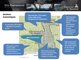 Source RCGT, 2012
De Castelnau
Beaumont
Site Outremont
• 1600 emplois dans les
secteurs manufacturiers,
commerce de gros,
transport et entreposage
•3060 emplois dont
37% en industries,
29% secteur créatif
et 18% dans les
commerces de
proximité
• 100 entreprises,
1400 emplois
dont 46% dans le
secteur
manufacturier,
20% dans les
services
professionnels,
scientifiques et
techniques
• 146 entreprises, 1722 emplois :
secteur public (santé,
enseignement) et institutionnel
• 79 entreprises, 650 emplois
: fabrication et commerce
de gros
• 950 emplois dans le
secteur public,
enseignement et santé ,
secteur tertiaire et
commerce de proximité
Secteurs
économiques
 