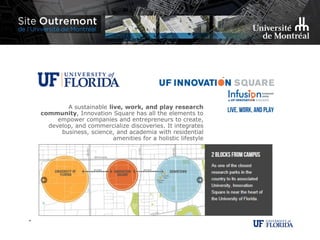 .
A sustainable live, work, and play research
community, Innovation Square has all the elements to
empower companies and entrepreneurs to create,
develop, and commercialize discoveries. It integrates
business, science, and academia with residential
amenities for a holistic lifestyle
 