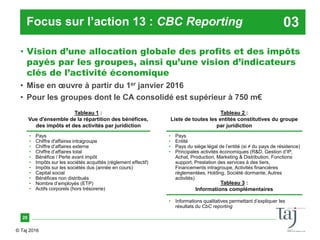© Taj 2016
Focus sur l’action 13 : CBC Reporting
• Vision d’une allocation globale des profits et des impôts
payés par les...