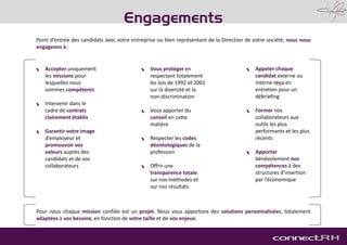 Point d’entrée des candidats avec votre entreprise ou bien représentant de la Direction de votre société, nous nous
engageons à :
Engagements
 Accepter uniquement
les missions pour
lesquelles nous
sommes compétents
 Intervenir dans le
cadre de contrats
clairement établis
 Garantir votre image
d’employeur et
promouvoir vos
valeurs auprès des
candidats et de vos
collaborateurs
 Vous protéger en
respectant totalement
les lois de 1992 et 2001
sur la diversité et la
non-discrimination
 Vous apporter du
conseil en cette
matière
 Respecter les codes
déontologiques de la
profession
 Offrir une
transparence totale
sur nos méthodes et
sur nos résultats
 Appeler chaque
candidat externe ou
interne reçu en
entretien pour un
débriefing
 Former nos
collaborateurs aux
outils les plus
performants et les plus
récents
 Apporter
bénévolement nos
compétences à des
structures d’insertion
par l’économique
Pour nous chaque mission confiée est un projet. Nous vous apportons des solutions personnalisées, totalement
adaptées à vos besoins, en fonction de votre taille et de vos enjeux.
 