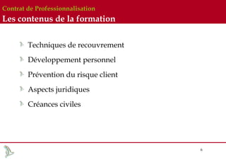 Contrat de Professionnalisation

Les contenus de la formation
Techniques de recouvrement
Développement personnel
Prévention du risque client
Aspects juridiques
Créances civiles

6

 