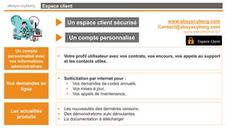 Espace client
Un espace client sécurisé
Un compte personnalisé
Un compte
personnalisé avec
vos informations
administratives
 Votre profil utilisateur avec vos contrats, vos encours, vos appels au support
et les contacts utiles.
Vos demandes en
ligne
 Sollicitation par internet pour :
 Vos demandes de codes annuels,
 Vos mises à jour,
 Vos appels de maintenance,
Les actualités
produits
 Les nouveautés des dernières versions.
 Des démonstrations auto déroulantes
 La documentation à télécharger
www.absyscyborg.com
Contact@absyscyborg.com
accès web 24h/24 et 7j/7
 