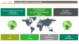 Une équipe dédiée à l’international
Une expertise locale
pour répondre
aux spécificités et obligations
légales
de chaque pays
Un accompagnement pour votre
croissance
à l’international
Un réseau
de partenaires
à travers le monde
173
clients
6 000
utilisateurs
19
pays
15%
International
25 clients
 