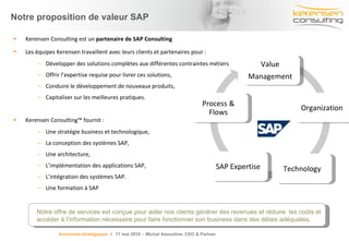 Kerensen Consulting est un  partenaire de SAP Consulting Les équipes Kerensen travaillent avec leurs clients et partenaires pour : Développer des solutions complètes aux différentes contraintes métiers Offrir l’expertise requise pour livrer ces solutions, Conduire le développement de nouveaux produits, Capitaliser sur les meilleures pratiques. Kerensen Consulting™ fournit : Une stratégie business et technologique, La conception des systèmes SAP, Une architecture, L’implémentation des applications SAP, L’intégration des systèmes SAP. Une formation à SAP Notre proposition de valeur SAP Notre offre de services est conçue pour aider nos clients générer des revenues et réduire  les coûts et accéder à l’information nécessaire pour faire fonctionner son business dans des délais adéquates . Annonces stratégiques   l  17 mai 2010 -  Michel Assouline- CEO & Partner Value Management Organization Technology SAP Expertise Process & Flows 