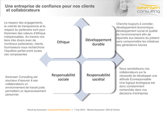 Une entreprise de confiance pour nos clients  et collaborateurs Cherche toujours à concilier, développement économique, développement social et qualité de l’environnement afin de répondre aux besoins du présent sans compromettre les initiatives des générations futures Le respect des engagements, la volonté de transparence et le respect du partenaire sont pour Kerensen des valeurs d’éthique indispensables. Au travers nos liens très divers avec de nombreux partenaires, clients, fournisseurs nous recherchons l’équilibre parfait entre toutes ces composantes Kerensen Consulting est soucieux d’assurer à ses collaborateurs un environnement de travail juste, permettant un épanouissement personnel. Nous sensibilisons nos collaborateurs sur la nécessité de développer une attitude Ecoresponsable.  Une logique écologique est  donc constamment recherchée dans nos décisions d’entreprise . Kloud by Kerensen-  Corporate Presentation   l  7 mai 2010 -  Michel Assouline- CEO & Partner Ethique Développement durable Responsabilité sociale Responsabilité sociétal 
