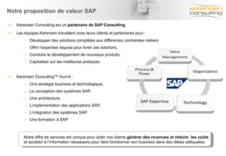 Kerensen Consulting est un  partenaire de SAP Consulting Les équipes Kerensen travaillent avec leurs clients et partenaires pour : Développer des solutions complètes aux différentes contraintes métiers Offrir l’expertise requise pour livrer ces solutions,  Conduire le développement de nouveaux produits, Capitaliser sur les meilleures pratiques. Kerensen Consulting™ fournit : Une stratégie business et technologique,  La conception des systèmes SAP,  Une architecture,  L’implémentation des applications SAP,  L’intégration des systèmes SAP.  Une formation à SAP Notre proposition de valeur SAP Notre offre de services est conçue pour aider nos clients  générer des revenues et réduire  les coûts  et accéder à l’information nécessaire pour faire fonctionner son business dans des délais adéquates. 