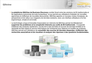 Qlikview La plateforme QlikView de Business Discovery  comble l'écart entre les solutions de BI traditionnelle et les applications autonomes de suite bureautique, ce qui permet aux utilisateurs d'adopter de nouvelles approches et d’effectuer de nouvelles découvertes. QlikView apporte un nouveau niveau d’analyses, de perspectives et de valeur aux magasins de données existants, avec une interface utilisateurs à la fois ergonomique, simple et conviviale. La technologie unique et brevetée d’association en mémoire de QlikView permet de littéralement  supprimer les problèmes et la complexité inhérents aux outils de BI traditionnels  : l’incapacité d’élaborer des analyses rapidement, l’accès lent à des données et sources de données limitées et la nécessité de faire appel au service informatique de l’entreprise pour élaborer et modifier les analyses. QlikView permet aux utilisateurs de  consolider des sources de données disparates, d’effectuer des recherches associatives et de visualiser et analyser des réponses à des questions fondamentales. 