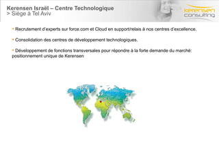 Kerensen Israël – Centre Technologique > Siège à Tel Aviv Recrutement d’experts sur force.com et Cloud en support/relais à nos centres d’excellence. Consolidation des centres de développement technologiques. Développement de fonctions transversales pour répondre à la forte demande du marché: positionnement unique de Kerensen 