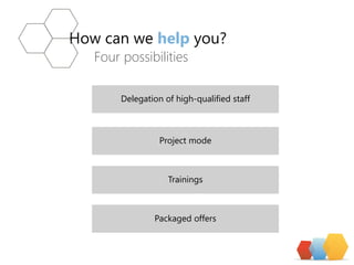 How canwehelpyou? 
Four possibilities 
Delegation of high-qualified staff 
Project mode 
Trainings 
Packaged offers  