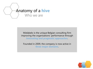 Anatomyof a hive 
Mielabelois the unique Belgian consulting firm improving the organisations’performance through innovating and pragmatic approaches. 
Founded in 2009, the company is now active in 
three major domains. 
Who we are  