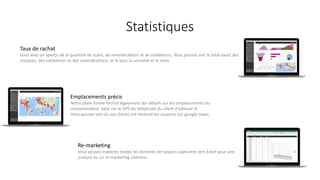 Statistiques
Taux de rachat
Vous avez un aperçu de la quantité de scans, de revendications et de validations. Vous pouvez voir le total exact des
analyses, des validations et des revendications, et le jour, la semaine et le mois
Emplacements précis
Notre plate-forme fournit également des détails sur les emplacements du
consommateur, basé sur le GPS du téléphone du client d'adresse IP.
Vous pouvez voir où vos clients ont réclamé les coupons sur google maps;
Re-marketing
Vous pouvez exporter toutes les données de coupon capturées vers Excel pour une
analyse ou un re-marketing ultérieur.
 