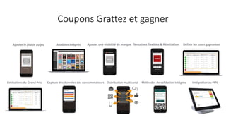 Coupons Grattez et gagner
Ajouter le plaisir au jeu Modèles intégrés Ajouter une visibilité de marque Tentatives flexibles & Réinitialiser Définir les cotes gagnantes
Limitations du Grand Prix Capture des données des consommateurs Distribution multicanal Méthodes de validation intégrée Intégration au PDV
 