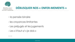 - la pensée binaire
- les croyances limitantes
- Les préjugés et les jugements
- Les « il faut »/ « je dois »
…..
CYRINE HAYOUNI
DÉBUSQUER NOS « ENFER-MEMENTS »
 
