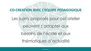 Les sujets proposés pour cet atelier
peuvent s’adapter aux
besoins de l’école et aux
thématiques d’actualité
CYRINE HAYOUNI
CO-CREATION AVEC L’EQUIPE PEDAGOGIQUE
 
