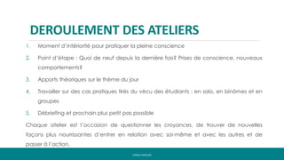 DEROULEMENT DES ATELIERS
1. Moment d’intériorité pour pratiquer la pleine conscience
2. Point d’étape : Quoi de neuf depuis la dernière fois? Prises de conscience, nouveaux
comportements?
3. Apports théoriques sur le thème du jour
4. Travailler sur des cas pratiques tirés du vécu des étudiants : en solo, en binômes et en
groupes
5. Débriefing et prochain plus petit pas possible
Chaque atelier est l’occasion de questionner les croyances, de trouver de nouvelles
façons plus nourrissantes d’entrer en relation avec soi-même et avec les autres et de
passer à l’action.
CYRINE HAYOUNI
 