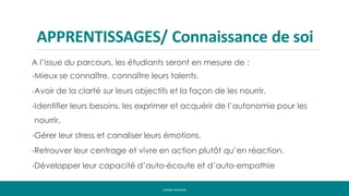 APPRENTISSAGES/ Connaissance de soi
A l’issue du parcours, les étudiants seront en mesure de :
-Mieux se connaître, connaître leurs talents.
-Avoir de la clarté sur leurs objectifs et la façon de les nourrir.
-Identifier leurs besoins, les exprimer et acquérir de l’autonomie pour les
nourrir.
-Gérer leur stress et canaliser leurs émotions.
-Retrouver leur centrage et vivre en action plutôt qu’en réaction.
-Développer leur capacité d’auto-écoute et d’auto-empathie
CYRINE HAYOUNI
 