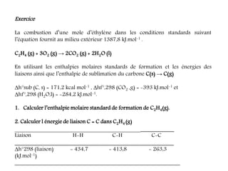 Exercice
La combustion d’une mole d’éthylène dans les conditions standards suivant
l’équation fournit au milieu extérieur 1387,8 kJ.mol-1 .
C2H4 (g) + 3O2 (g) → 2CO2 (g) + 2H2O (l)
En utilisant les enthalpies molaires standards de formation et les énergies des
liaisons ainsi que l’enthalpie de sublimation du carbone C(s) → C(g)
Δh°sub (C, s) = 171,2 kcal mol-1 , Δhf°,298 (CO2 ,g) = -393 kJ.mol-1 et
Δhf°,298 (H2O,l) = -284,2 kJ.mol-1.
1. Calculer l’enthalpie molaire standard de formation de C2H4(g).
2. Calculer l énergie de liaison C = C dans C2H4 (g)
________________________________________________________
Liaison H-H C-H C-C
________________________________________________________
Δh°298 (liaison) - 434,7 - 413,8 - 263,3
(kJ.mol-1)
__________________________________________________________
 