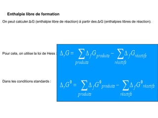 On peut calculer ΔrG (enthalpie libre de réaction) à partir des ΔfG (enthalpies libres de réaction).
Pour cela, on utilise la loi de Hess :
Dans les conditions standards :
Enthalpie libre de formation
 