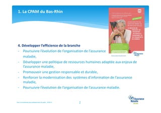 1. La CPAM du Bas-Rhin

4. Développer l’efficience de la branche
- Poursuivre l’évolution de l’organisation de l’assurance
maladie,
- Développer une politique de ressources humaines adaptée aux enjeux de
l’assurance maladie,
- Promouvoir une gestion responsable et durable,
- Renforcer la modernisation des systèmes d’information de l’assurance
maladie,
- Poursuivre l’évolution de l’organisation de l’assurance maladie.

Suivi Conventionnel des professionnels de santé – 02/2014

7

 