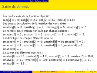 Cplex Callable Library




Saisie de données

Les coecients de la fonction objectif :
zobj[0] = 1.0 ; zobj[1] = 2.0 ; zobj[2] = 3.0 ; zobj[3] = 1.0 ;
Les débuts de colonnes de la matrice des contraintes :
zmatbeg[0] = 0 ; zmatbeg[1] = 2 ; zmatbeg[2] = 5 ; zmatbeg[3] = 7 ;
Le nombre des éléments non nuls par chaque colonne :
zmatcnt[0] = 2 ; zmatcnt[1] = 3 ; zmatcnt[2] = 2 ; zmatcnt[3] = 2 ;
L'indice ligne de chaque éléments non nul :
zmatind[0] = 0 ; zmatind[2] = 0 ; zmatind[5] = 0 ; zmatind[7] = 0 ;
zmatind[1] = 1 ; zmatind[3] = 1 ; zmatind[6] = 1 ;zmatind[4] = 2 ;
zmatind[8] = 2 ;
La valeur des éléments non nuls :
zmatval[0] = -1.0 ; zmatval[2] = 1.0 ; zmatval[5] = 1.0 ; zmatval[7] = 10.0 ;
zmatval[1] = 1.0 ; zmatval[3] = -3.0 ; zmatval[6] = 1.0 ;zmatval[4] = 1.0 ;
zmatval[8] = -3.5 ;

Présenté par OUDANI Mustapha                Débuter avec CPLEX   26 mars 2013   30 / 49
 