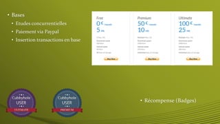 • Récompense (Badges) 
• Bases 
• Etudes concurrentielles 
• Paiement via Paypal 
• Insertion transactions en base 
 