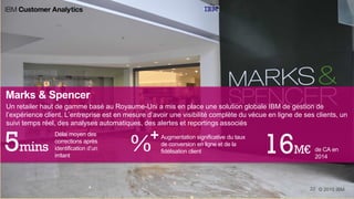 Marks & Spencer
Un retailer haut de gamme basé au Royaume-Uni a mis en place une solution globale IBM de gestion de
l’expérience client. L’entreprise est en mesure d’avoir une visibilité complète du vécue en ligne de ses clients, un
suivi temps réel, des analyses automatiques, des alertes et reportings associés
5mins
Délai moyen des
corrections après
identification d’un
irritant
de CA en
2014
16M€%
Augmentation significative du taux
de conversion en ligne et de la
fidélisation client
+
 