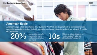American Eagle
American Eagle utilise les solutions IBM Customer Analytics afin d’approfondir la connaissance des
comportements clients online. Visibilité complète sur chaque interactions clients sur site web & mobile
de l’entreprise
20%
augmentation du trafic
mobile grâce à une
meilleure identification
des irritants
10s
Milliers de dollars récupérés en
“ventes perdues” grâce aux
elimination de “bugs panier”
 