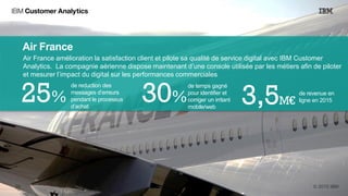 Air France
Air France amélioration la satisfaction client et pilote sa qualité de service digital avec IBM Customer
Analytics. La compagnie aérienne dispose maintenant d’une console utilisée par les métiers afin de piloter
et mesurer l’impact du digital sur les performances commerciales
25% 30%
de reduction des
messages d’erreurs
pendant le processus
d’achat
de temps gagné
pour identifier et
corriger un irritant
mobile/web
de revenue en
ligne en 20153,5M€
 