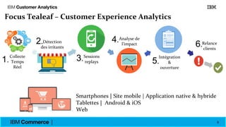9
Smartphones | Site mobile | Application native & hybride
Tablettes | Android & iOS
Web
Focus Tealeaf – Customer Experience Analytics
Collecte
Temps
réel
Détection
des
irritants
Sessions
replay
Analyse
de
l’impacte
Intégration
& Ouverture
Relance
clients
Collecte
Temps
Réel
Détection
des irritants
Sessions
replays
Relance
clients
Analyse de
l’impact
Intégration
&
ouverture
1.
2.
3.
4.
5.
6.
 