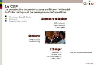Le CXP Un portefeuille de produits pour améliorer l’efficacité de l’informatique et du management informatique Le Forum CXP Les Web conf’ Les Rencontres CXP L’Oeil Expert* E changer C omparer CXP Évaluation CXP Consulting Apprendre et Décider *Une lettre électronique hebdomadaire CXP Évaluation CXP Consulting L’œil Expert* Abonnements d’aide à la décision Événements E ngagements  personnalisés 
