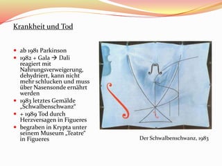 Krankheit und Tod
 ab 1981 Parkinson
 1982 + Gala  Dali
reagiert mit
Nahrungsverweigerung,
dehydriert, kann nicht
mehr schlucken und muss
über Nasensonde ernährt
werden
 1983 letztes Gemälde
„Schwalbenschwanz“
 + 1989 Tod durch
Herzversagen in Figueres
 begraben in Krypta unter
seinem Museum „Teatre“
in Figueres Der Schwalbenschwanz, 1983
 