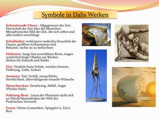 Symbole in Dalis Werken
Schmelzende Uhren : Allgegenwart der Zeit,
Herrschaft der Zeit über die Menschen,
Metaphysisches Bild der Zeit, die sich selbst und
alles andere verschlingt
Schubladen: verkörpern verdeckte Sexualität der
Frauen, geöffnet=Geheimnisse sind
Bekannt, nichts ist zu befürchten
Elefanten: lange fast unsichtbare Beine, tragen
symbolträchtige Objekte auf Rücken,
Stehen für Zukunft und Stärke
Eier: Dualität harte Schale, weiches Inneres,
Hoffnung, Liebe, Geburt
Ameisen: Tod, Verfall, menschliche
Sterblichkeit, überwältigende sexuelle Wünsche
Heuschrecken: Zerstörung, Abfall, Angst
(Phobie Dalis)
Nahrung/Brot: Luxus der Phantasie rächt sich
an Nützlichkeitsdenken der Welt der
Praktischen Vernunft
Essen: Uhren=Camenbert, Spiegelei (s. Eier),
Brot
 