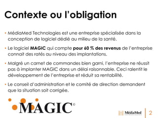 Contexte ou l’obligation
• MédiaMed Technologies est une entreprise spécialisée dans la
conception de logiciel dédié au milieu de la santé.
• Le logiciel MAGIC qui compte pour 60 % des revenus de l’entreprise
connait des ratés au niveau des implantations.
• Malgré un carnet de commandes bien garni, l’entreprise ne réussit
pas à implanter MAGIC dans un délai raisonnable. Ceci ralentit le
développement de l’entreprise et réduit sa rentabilité.
• Le conseil d’administration et le comité de direction demandent
que la situation soit corrigée.

2

 