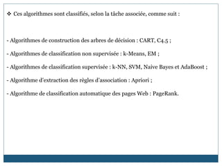  Ces algorithmes sont classifiés, selon la tâche associée, comme suit :
- Algorithmes de construction des arbres de décision : CART, C4.5 ;
- Algorithmes de classification non supervisée : k-Means, EM ;
- Algorithmes de classification supervisée : k-NN, SVM, Naive Bayes et AdaBoost ;
- Algorithme d’extraction des règles d’association : Apriori ;
- Algorithme de classification automatique des pages Web : PageRank.
 