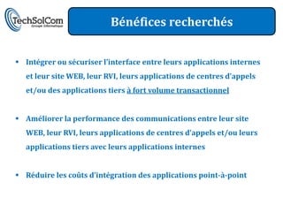 Bénéfices recherchés


 Intégrer ou sécuriser l’interface entre leurs applications internes
  et leur site WEB, leur RVI, leurs applications de centres d’appels
  et/ou des applications tiers à fort volume transactionnel


 Améliorer la performance des communications entre leur site
  WEB, leur RVI, leurs applications de centres d’appels et/ou leurs
  applications tiers avec leurs applications internes


 Réduire les coûts d’intégration des applications point-à-point
 