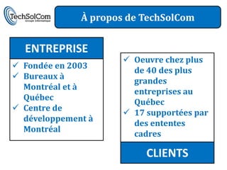À propos de TechSolCom


  ENTREPRISE
                       Oeuvre chez plus
 Fondée en 2003
                        de 40 des plus
 Bureaux à
                        grandes
  Montréal et à
                        entreprises au
  Québec
                        Québec
 Centre de
                       17 supportées par
  développement à
                        des ententes
  Montréal
                        cadres

                           CLIENTS
 