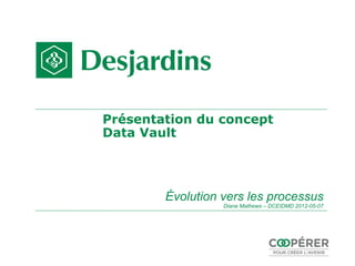 Présentation du concept
Data Vault




        Évolution vers les processus
                  Diane Mathews – DCEIDMD 2012-05-07
 