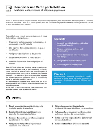 Remporter une Vente par la Relation
Maîtriser les techniques et attitudes gagnantes
Allier la maîtrise des techniques de vente à des attitudes gagnantes pour donner envie à vos prospects et clients de
travailler avec vous. Créer de la valeur ajoutée pour nos clients en comprenant leurs motivations profondes d'achat
et aller au-delà de leurs attentes.
Aujourd’hui pour réussir commercialement, il nous
faut maîtriser 5 compétences :
• S'approprier les techniques de vente adaptées à
votre couple marché/produits
• Etre organisé dans votre prospection et gagner
en efficacité
• Faire preuve de diplomatie et d’autonomie
• Savoir communiquer de la valeur ajoutée
• Instaurer un climat de confiance propice aux
affaires
Avec 80% de mises en situation, cette formation en-
traîne les commerciaux et les directeurs commer-
ciaux à accroître leur efficacité en entretien grâce à
une argumentation structurée et à des techniques très
précises. Les vendeurs sont coachés pour acquérir
les réflexes gagnants quels que soient la situation de
vente et les types d'interlocuteurs.
Vous élaborez un processus de vente basé sur la va-
leur ajoutée de vos produits ou solutions et sur les re-
lations humaines.
Vous vous positionnez comme des partenaires res-
sources aptes à faire réussir vos clients.
Aperçu
1. Établir un contact de qualité et instaurer la
crédibilité auprès de vos clients
2. Susciter l’intérêt pour vos idées et votre
approche des besoins de l'acheteur
3. Proposer des solutions spécifiques adaptées
aux attentes de vos clients
4. Faire preuve d'empathie et répondre aux
objections avec confiance
5. Obtenirl’engagementdevosclients
en résumant la valeur ajoutée de vos propositions
6. Influencerfavorablementvosclientspardes
techniques pointues de communication
7. Mettre en œuvre un plan d'action commercial
personnel et efficace
8. Maîtriser la totalité du processus de vente
Objectifs
• Acquérir les attitudes et les méthodes
adaptées à la vente
• Gagner en aisance quel que soit
l’interlocuteur
• Savoir défendre vos prix, vos marques,
vos marges
• Prospecter avec efficacité et succès
• Savoir organiser votreactivité
Pour qui ?
Commerciaux, vendeurs, consultants, repré-
sentants et toute autre personne amenée à
prospecter, développer, suivre et fidéliser une
clientèle
 