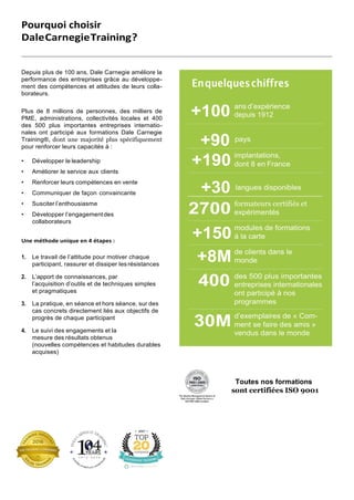 Pourquoi choisir
DaleCarnegieTraining?
Depuis plus de 100 ans, Dale Carnegie améliore la
performance des entreprises grâce au développe-
ment des compétences et attitudes de leurs colla-
borateurs.
Plus de 8 millions de personnes, des milliers de
PME, administrations, collectivités locales et 400
des 500 plus importantes entreprises internatio-
nales ont participé aux formations Dale Carnegie
Training®, dont une majorité plus spécifiquement
pour renforcer leurs capacités à :
• Développer le leadership
• Améliorer le service aux clients
• Renforcer leurs compétences en vente
• Communiquer de façon convaincante
• Susciter l’enthousiasme
• Développer l’engagementdes
collaborateurs
Une méthode unique en 4 étapes :
1. Le travail de l’attitude pour motiver chaque
participant, rassurer et dissiper les résistances
2. L’apport de connaissances, par
l’acquisition d’outils et de techniques simples
et pragmatiques
3. La pratique, en séance et hors séance, sur des
cas concrets directement liés aux objectifs de
progrès de chaque participant
4. Le suivi des engagements et la
mesure des résultats obtenus
(nouvelles compétences et habitudes durables
acquises)
Toutes nos formations
sont certifiées ISO 9001
depuis 1912
 