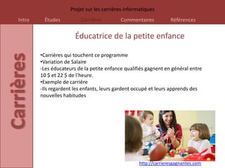 Projet sur les carrières informatiques
Intro    Études          Carrières         Commentaires           Références


                       Éducatrice de la petite enfance

        •Carrières qui touchent ce programme
        •Variation de Salaire
        -Les éducateurs de la petite enfance qualifiés gagnent en général entre
        10 $ et 22 $ de l’heure.
        •Exemple de carrière
        -Ils regardent les enfants, leurs gardent occupé et leurs apprends des
        nouvelles habitudes




                                                    http://carrieresgagnantes.com
 