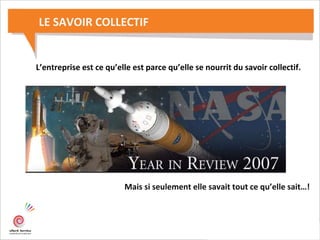 LE SAVOIR COLLECTIF
L’entreprise est ce qu’elle est parce qu’elle se nourrit du savoir collectif.
Mais si seulement elle savait tout ce qu’elle sait…!
 