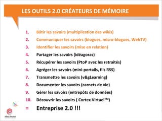 LES OUTILS 2.0 CRÉATEURS DE MÉMOIRE
1. Bâtir les savoirs (multiplication des wikis)
2. Communiquer les savoirs (blogues, micro-blogues, WebTV)
3. Identifier les savoirs (mise en relation)
4. Partager les savoirs (idéagoras)
5. Récupérer les savoirs (PtoP avec les retraités)
6. Agréger les savoirs (mini-portails, fils RSS)
7. Transmettre les savoirs (v&gLearning)
8. Documenter les savoirs (carnets de vie)
9. Gérer les savoirs (entrepôts de données)
10. Découvrir les savoirs ( Cortex VirtuelTM)
= Entreprise 2.0 !!!
 