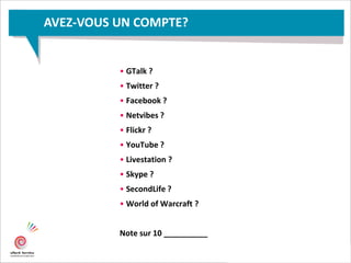 • GTalk ?
• Twitter ?
• Facebook ?
• Netvibes ?
• Flickr ?
• YouTube ?
• Livestation ?
• Skype ?
• SecondLife ?
• World of Warcraft ?
Note sur 10 __________
AVEZ-VOUS UN COMPTE?
 