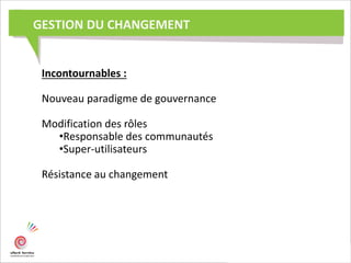 GESTION DU CHANGEMENT
Incontournables :
Nouveau paradigme de gouvernance
Modification des rôles
•Responsable des communautés
•Super-utilisateurs
Résistance au changement
 