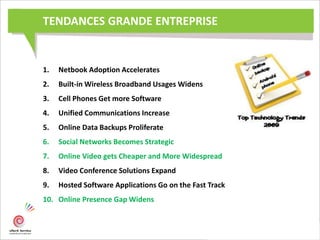 1. Netbook Adoption Accelerates
2. Built-in Wireless Broadband Usages Widens
3. Cell Phones Get more Software
4. Unified Communications Increase
5. Online Data Backups Proliferate
6. Social Networks Becomes Strategic
7. Online Video gets Cheaper and More Widespread
8. Video Conference Solutions Expand
9. Hosted Software Applications Go on the Fast Track
10. Online Presence Gap Widens
TENDANCES GRANDE ENTREPRISE
 
