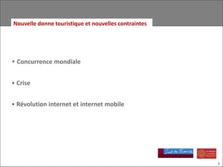 Nouvelle donne touristique et nouvelles contraintes




• Concurrence mondiale

• Crise


• Révolution internet et internet mobile




                                                      3
 