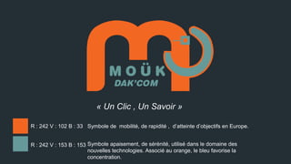 « Un Clic , Un Savoir »
R : 242 V : 102 B : 33 Symbole de mobilité, de rapidité , d’atteinte d’objectifs en Europe.
R : 242 V : 153 B : 153 Symbole apaisement, de sérénité, utilisé dans le domaine des
nouvelles technologies. Associé au orange, le bleu favorise la
concentration.

 
